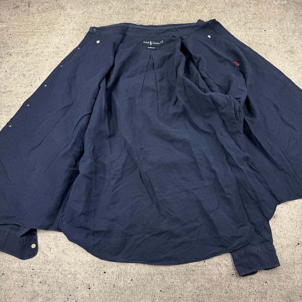 Vintage Polo Ralph Lauren Classic Fit Linen Silk Blend ButtonDown Navy Men Large - Picture 2 of 9